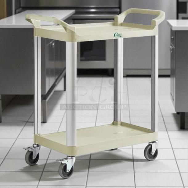Choice beige utility cart with two shelves, model 109cartbs2bg, brand new. Features sturdy construction and swivel casters.
