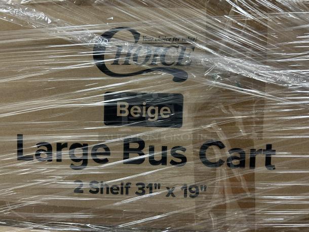 Brand new Choice beige utility cart, model 109cartbs2bg, with two shelves. Box labeled "Large Bus Cart, 2 Shelf 31" x 19"."