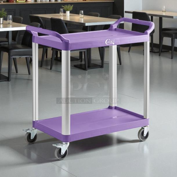 Brand new Choice purple utility cart, three shelves, 24" x 16", model Small Bus Cart, durable, ideal for bussing tasks.