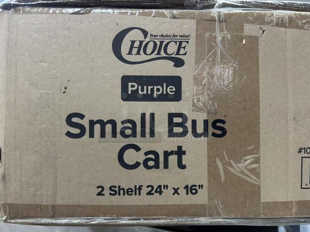 Brand new Choice Purple Small Bus Cart, three shelves, 24" x 16", in perfect condition. Box labeled with model and dimensions.