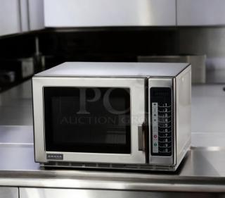 Amana RFS12MPSA commercial microwave oven, 1200W, 120V, excellent condition, fully tested, keypad controls, stainless steel.