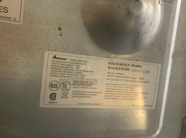 Amana RFS12MPSA commercial microwave label, 1200W, 120V, manufactured June 2004. Fully tested, excellent condition.