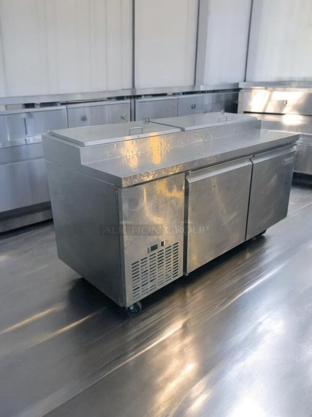 Kintera 60" refrigerated sandwich/prep table, 2-door, prime condition, fully tested and working, stainless steel finish.