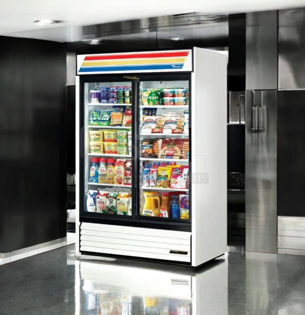 True GDM-45 double glass door merchandiser refrigerator, 115V, prime condition, fully tested, True Manufacturing Co.