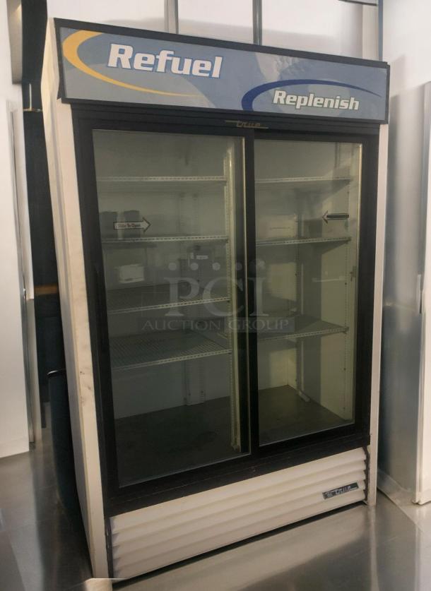 True GDM-45 double glass door merchandiser refrigerator, tested and working, 115V, excellent condition, True Manufacturing.