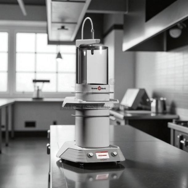 Brew Bomb ACE Brewer, 5-gallon capacity, shown in kitchen. Tested and working, sleek stainless design with control panel.