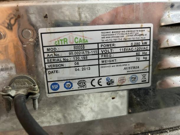 Citrocasa 8000 SB-ATS Advance Citrus Juicer label, power 0.280 kW, voltage 115VAC-120VAC, weight 70 kg, version 06, 2013.