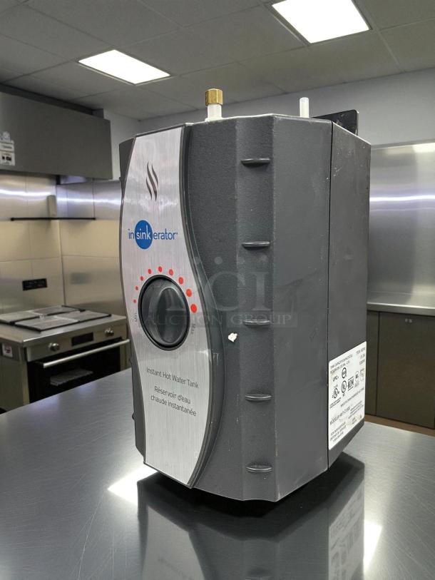 InSinkErator C1300 Instant Hot Water Dispenser, tested working, 115V, stainless steel finish, minor wear, clear label instructions.