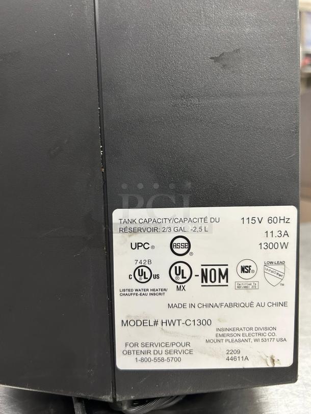 InSinkErator C1300 instant hot water dispenser, 115V, tested and working, 2/3 gallon capacity, model HWT-C1300, made in China.