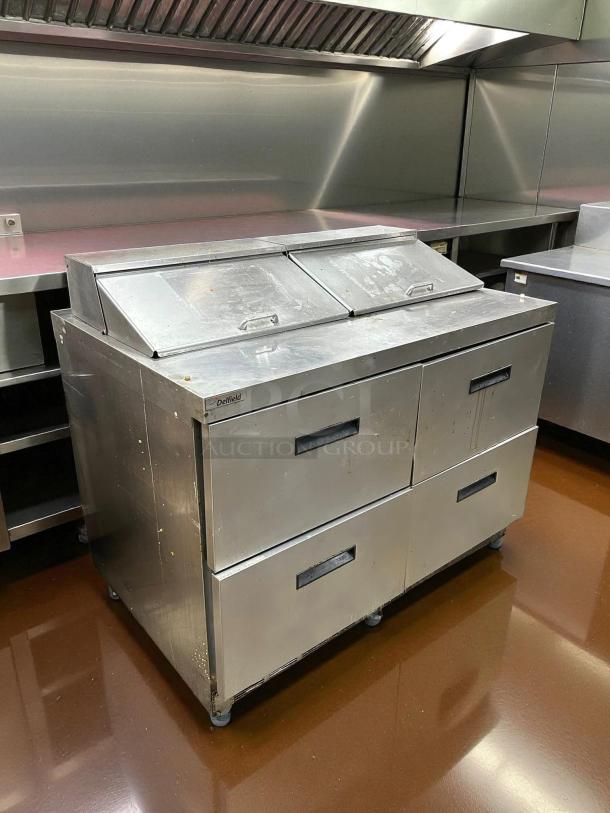 Delfield D4448NP-12 48" sandwich prep refrigerator with 12 pan capacity and 4 drawers. Tested, working. Stainless steel finish.