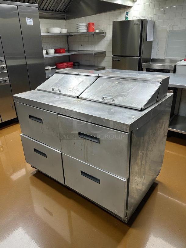 Delfield D4448NP-12 48" sandwich prep refrigerator with 4 drawers, stainless steel, tested and working, holds 12 pans.