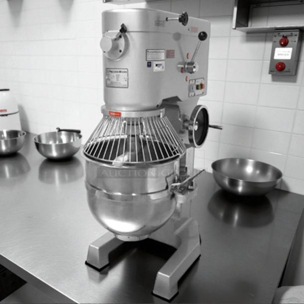 Precision HD-60 pizza dough mixer, 60/80 quart capacity, 4 hp motor, tested and working. Visible model and safety labels.