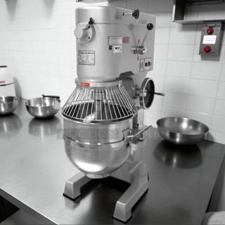 Precision HD-60 pizza dough mixer, 60/80 quart capacity, 4 hp motor, tested and working. Visible model and safety labels.