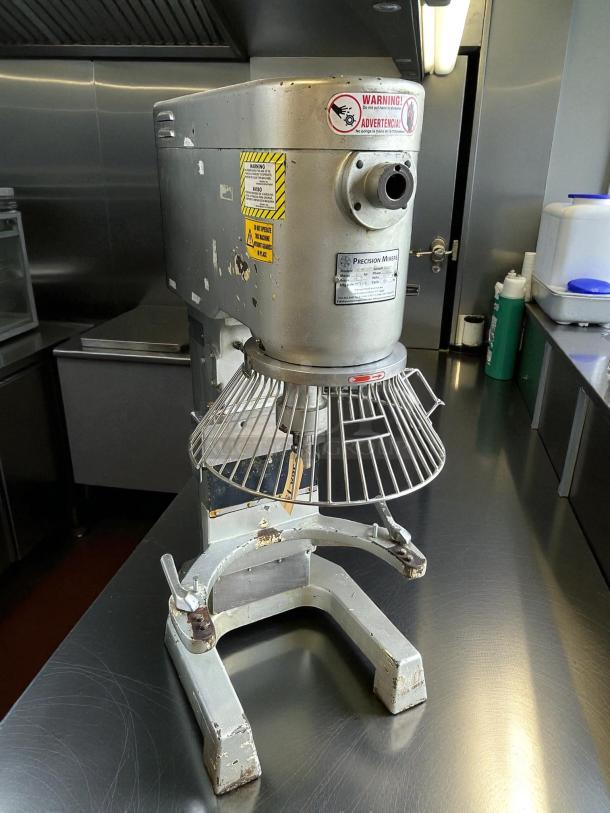 Precision Mixer HD-60, 60/80 quart pizza dough mixer, 4 hp, tested and working, visible wear, safety warning labels, industrial design.