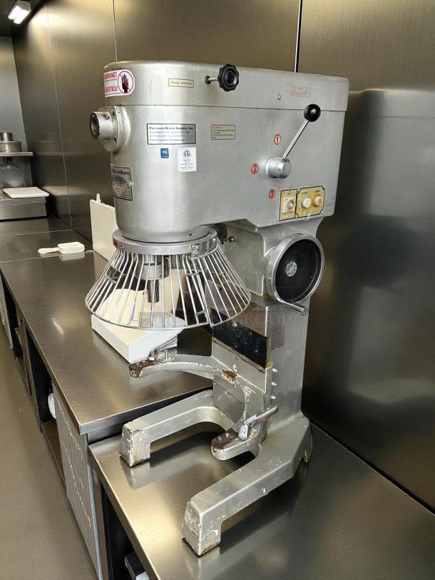 Precision HD-60 pizza dough mixer, 60/80 quart capacity, 4 hp, stainless steel, tested and working, model labeling visible.
