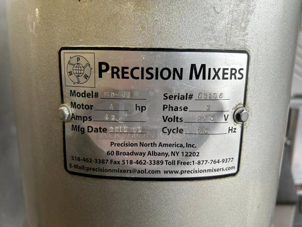 Precision Mixer HD-60, 60/80 Qt dough mixer, 4 hp, tested and working, 220V, 3-phase. Serial# 63106, made May 2015.