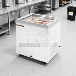 True THM-29FL chest freezer with flat sliding glass top, 6.3 cu.ft. capacity, white, tested working, 115 volts.