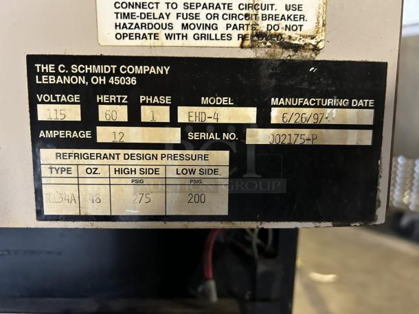 Schmidt EHD-4 refrigerated bakery display case label showing model, voltage, and specs. Fully tested, working.