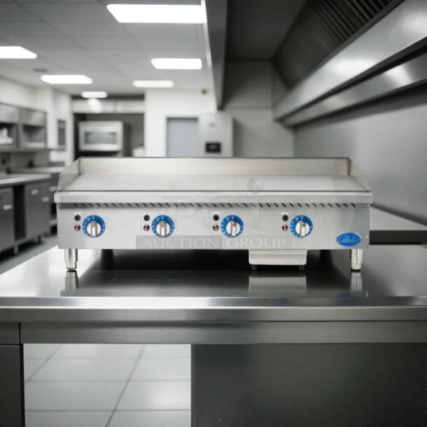 Globe GG48TG 48" gas griddle with thermostatic controls, excellent condition, 1" steel plate, tested and working.