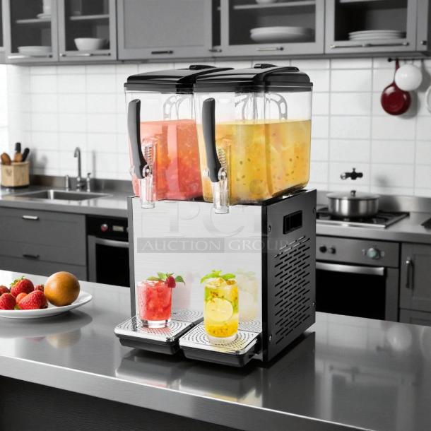 COMAI beverage dispenser, model LYJ/LYP12LX2, 2 x 12.7 Qt tanks, stainless steel, 286-Watt, tested working, for iced tea and juice.