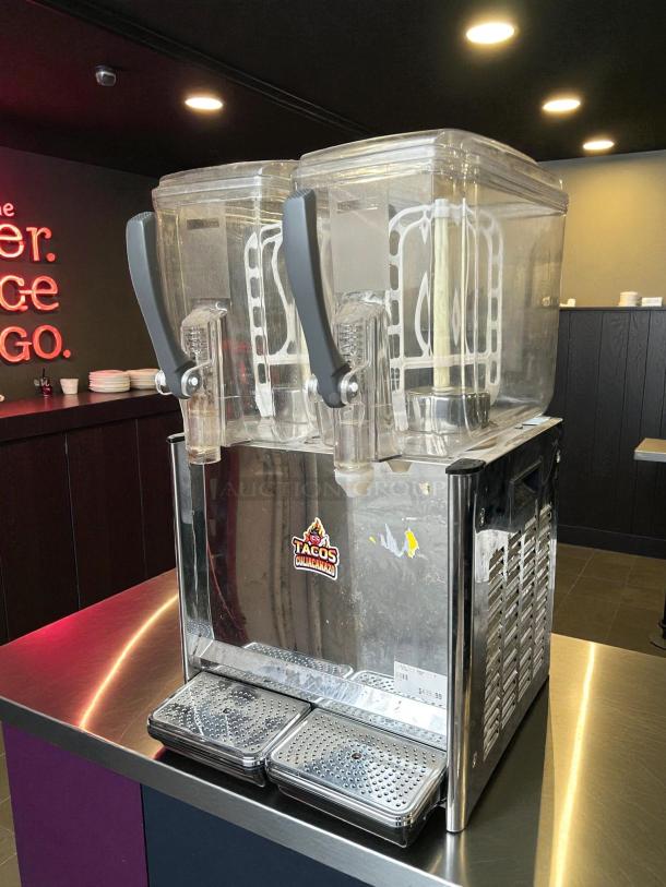 COMAI dual-tank beverage dispenser, model LYJ/LYP12LX2, 12.7 Qt. per tank, 286-watt, stainless steel, tested, working condition.