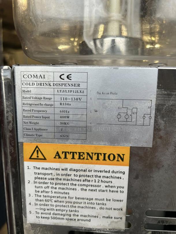 COMAI commercial beverage dispenser with two 12.7 Qt. tanks, model LYJ/LYP12LX2. Features stainless steel body and CE marking.