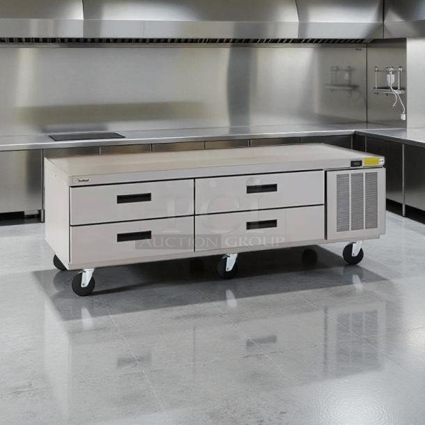 Delfield F2962CP 62 1/4" chef base with 4 drawers on casters, stainless steel, excellent condition, tested and working.