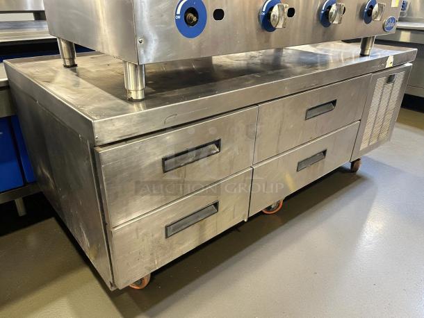 Delfield F2962CP 62 1/4" chef base with 4 drawers, stainless steel, tested and working. Visible wear, 115v.
