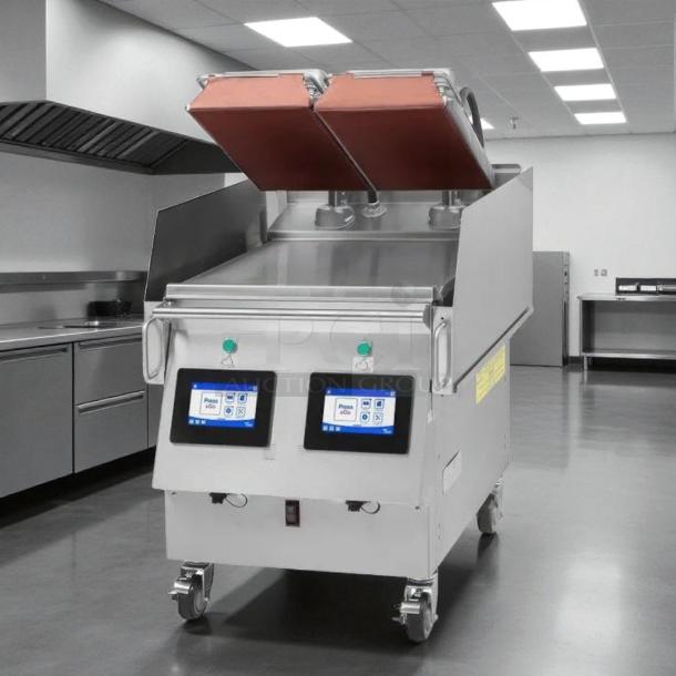 Garland Xpress XPG24 clamshell griddle in excellent condition with 2 platens, easyTouch controls, on casters, 40,000 BTU.