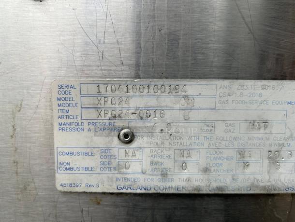 Serial plate of Garland Xpress XPG24 Clamshell Griddle, showing model, manifold pressure, and gas type details.