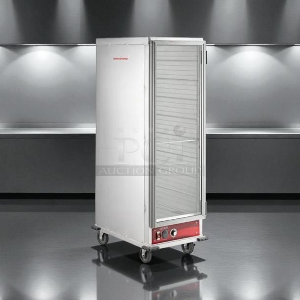 Avantco HEAT-1836 insulated heated holding cabinet with clear door, excellent condition, on wheels, 120V, tested and working.