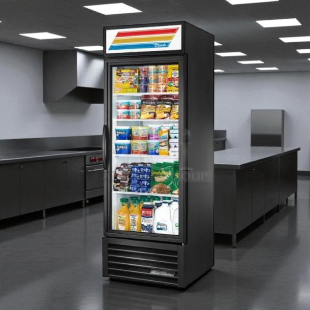 True GDM-23-HC~TSL01 glass door merchandiser in black, excellent condition, right hinge door, 27", 115v, tested and working.