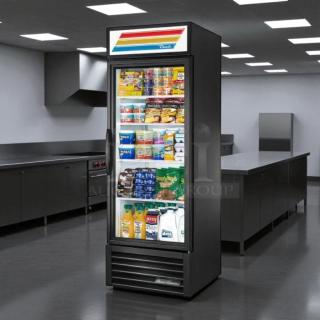 True GDM-23-HC~TSL01 glass door merchandiser in black, excellent condition, right hinge door, 27", 115v, tested and working.