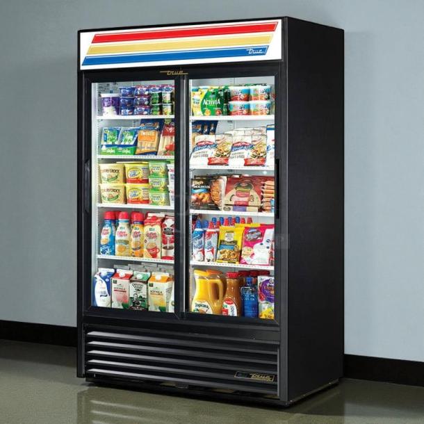 True GDM-45-HC-LD merchandiser, two sliding glass doors, black, excellent condition, operational, 115v, 51 1/8" wide.