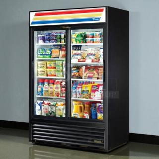 True GDM-45-HC-LD merchandiser, two sliding glass doors, black, excellent condition, operational, 115v, 51 1/8" wide.