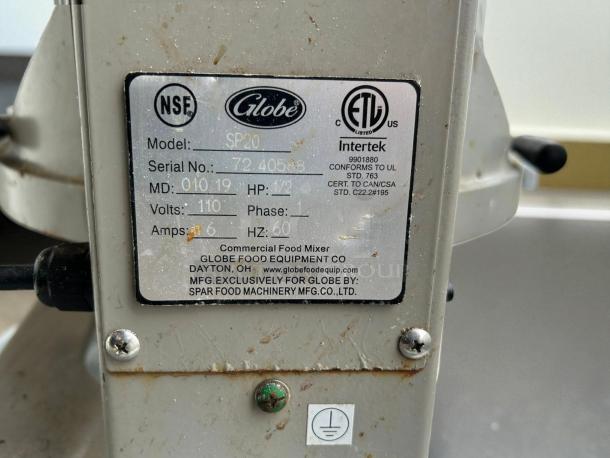 Globe SP20 20 qt planetary mixer, bench model, 1/2 hp, 115v. NSF and ETL listed with serial number and specs label visible.