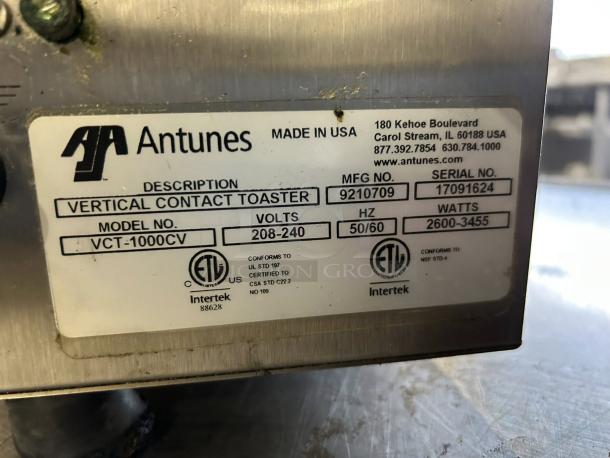 Antunes VCT-1000 Vertical Bun Toaster label showing model, serial number, voltage, and certifications.