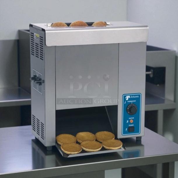 Antunes VCT-1000 Vertical Bun Toaster, 480 slices/hr, 1.5" opening, 208/240v, tested, working, stainless steel, visible controls.