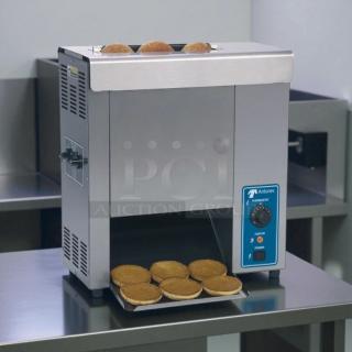 Antunes VCT-1000 Vertical Bun Toaster, 480 slices/hr, 1.5" opening, 208/240v, tested, working, stainless steel, visible controls.