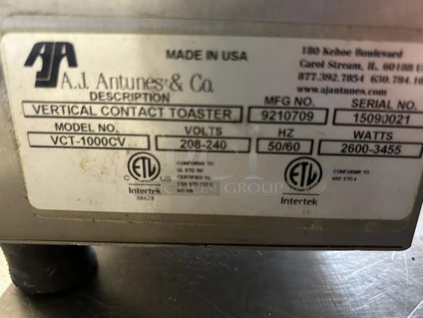 Antunes VCT-1000 Vertical Bun Toaster label showing model, voltage, watts, serial number, and certification marks.