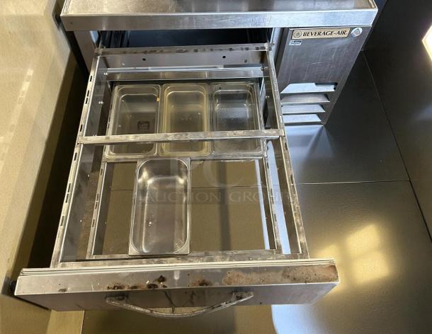 Beverage Air WTRCS36HC 36in two-drawer refrigerated chef base, stainless steel, tested and working, minor wear visible.