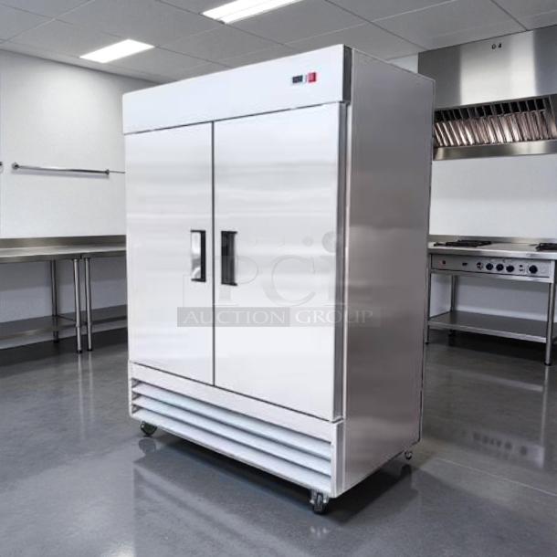 Cooler Depot XB54F commercial 2-door freezer in great condition, tested and working, stainless steel, on casters.