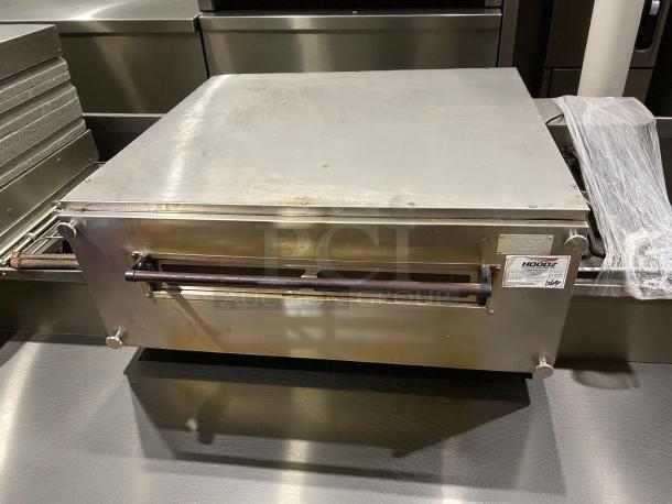 XLT Owens XLT3255 single deck countertop natural gas conveyor oven, tested and working, stainless steel finish, visible Hoodz label.