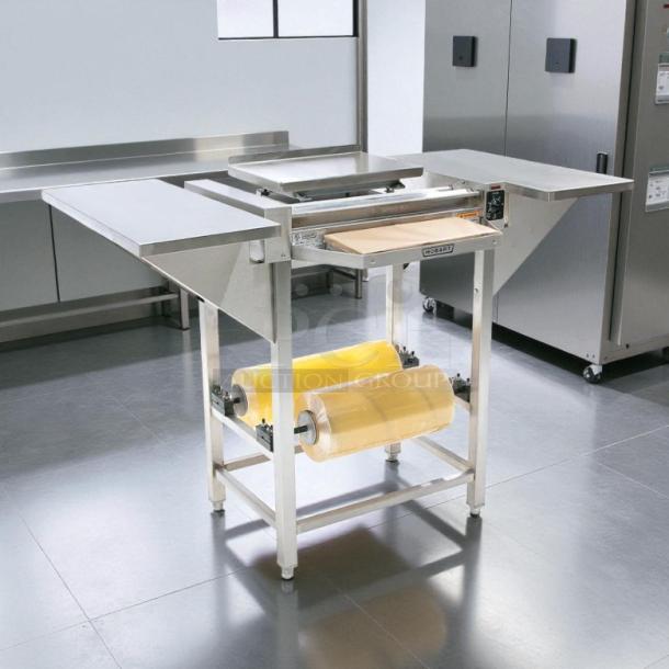 Hobart HWS-4-C floor model wrap station with built-in hotplate, dual film roll capacity, stainless steel, tested working condition.
