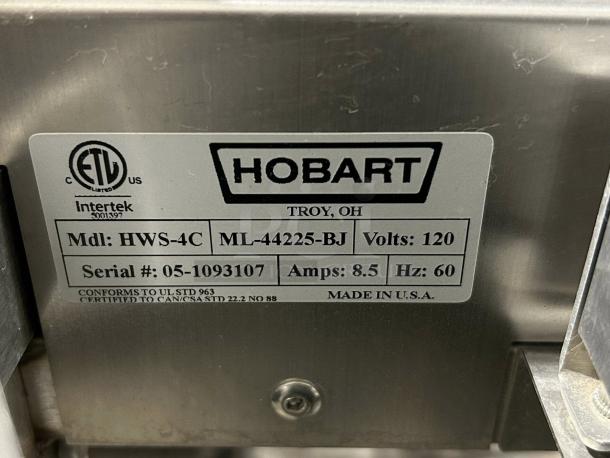 Hobart HWS-4-C label, 120V, 8.5A, 60Hz, serial 05-1093107; made in USA, certified.