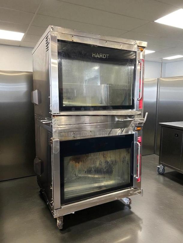 Hardt 4500 Inferno Double Stack Natural Gas Rotisserie Oven, tested, working, with visible wear, stainless steel, on casters.