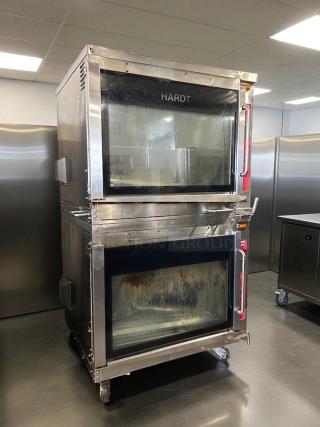 Hardt 4500 Inferno Double Stack Natural Gas Rotisserie Oven, tested, working, with visible wear, stainless steel, on casters.