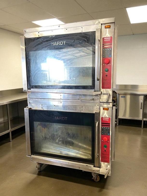 Hardt 4500 Inferno double stack natural gas rotisserie oven, stainless steel, tested and working, visible control panels, commercial use.