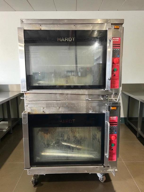 Hardt 4500 Inferno double stack natural gas rotisserie oven, stainless steel finish, tested and working, on casters.