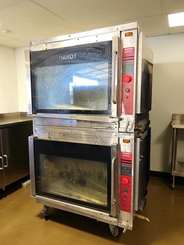 Hardt 4500 Inferno double stack natural gas rotisserie oven, stainless steel, tested and working, with control panel visible.